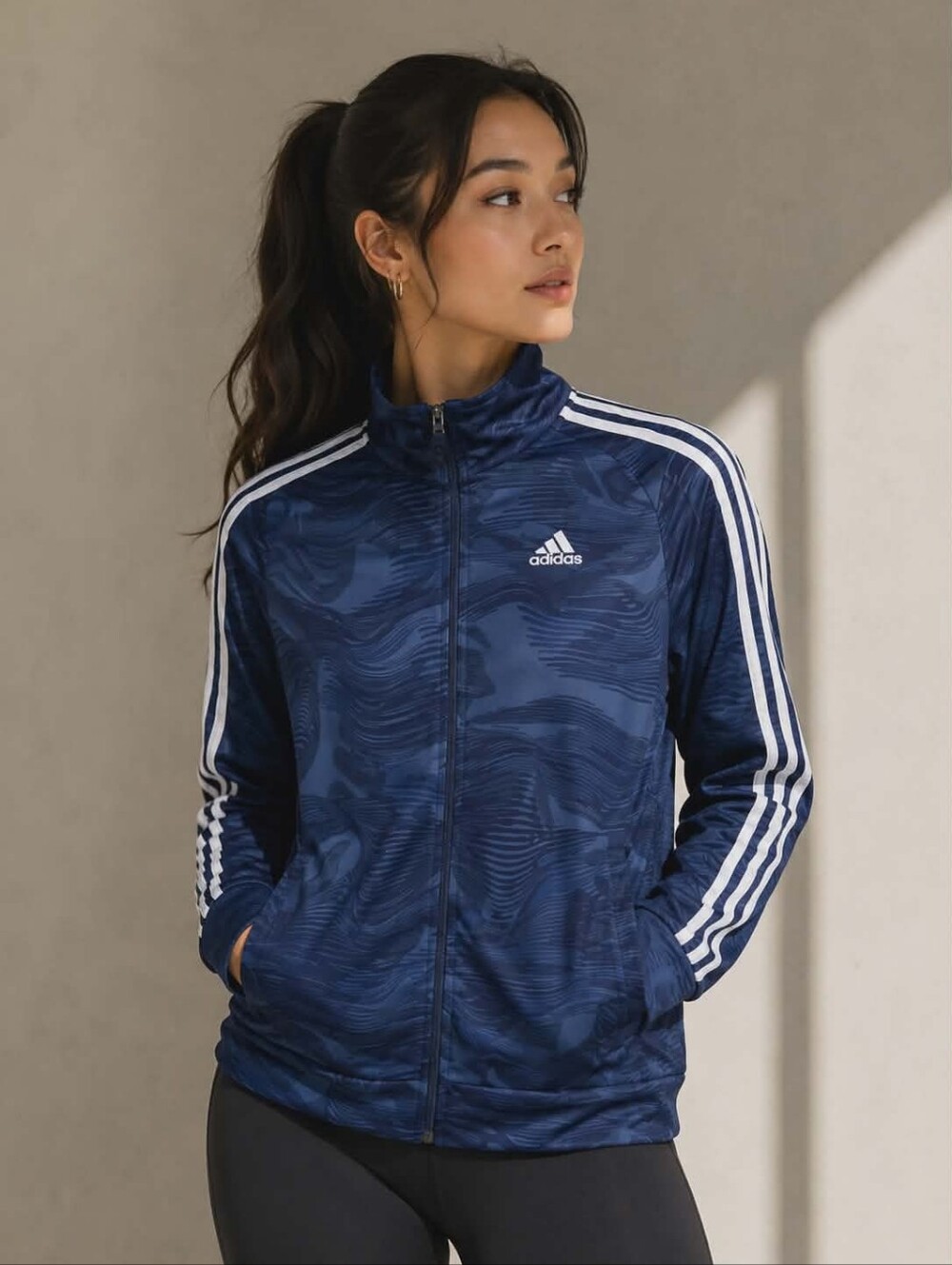 Adidas Womens Navy Blue Track Jacket with White Stripes EUC Size S